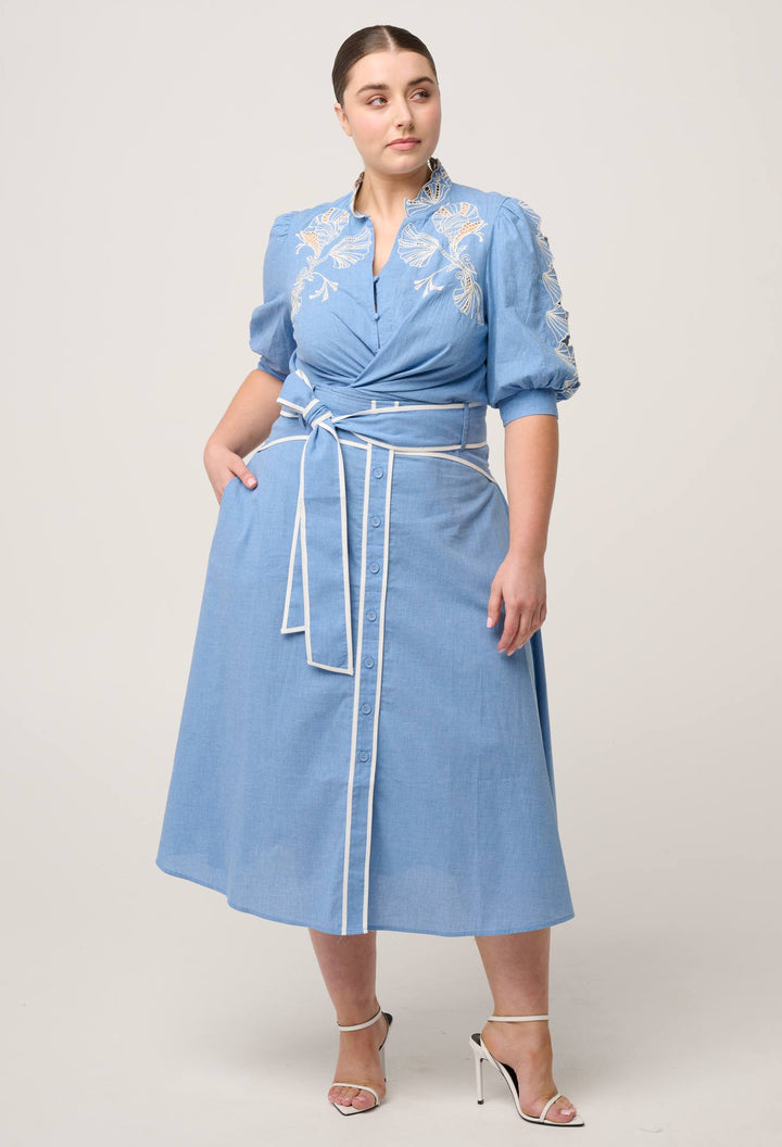 Selvia Cotton Chambray Contrast Bind Skirt in Blue Chambray skirt Once Was