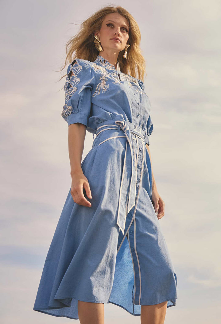 Selvia Cotton Chambray Contrast Bind Skirt in Blue Chambray skirt Once Was