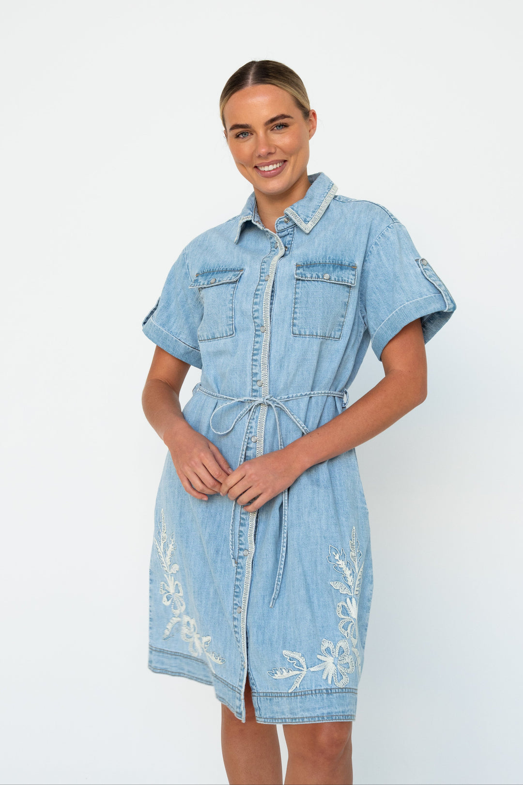 Simone Dress | Floral Embroidery - 70s Blue Kireina