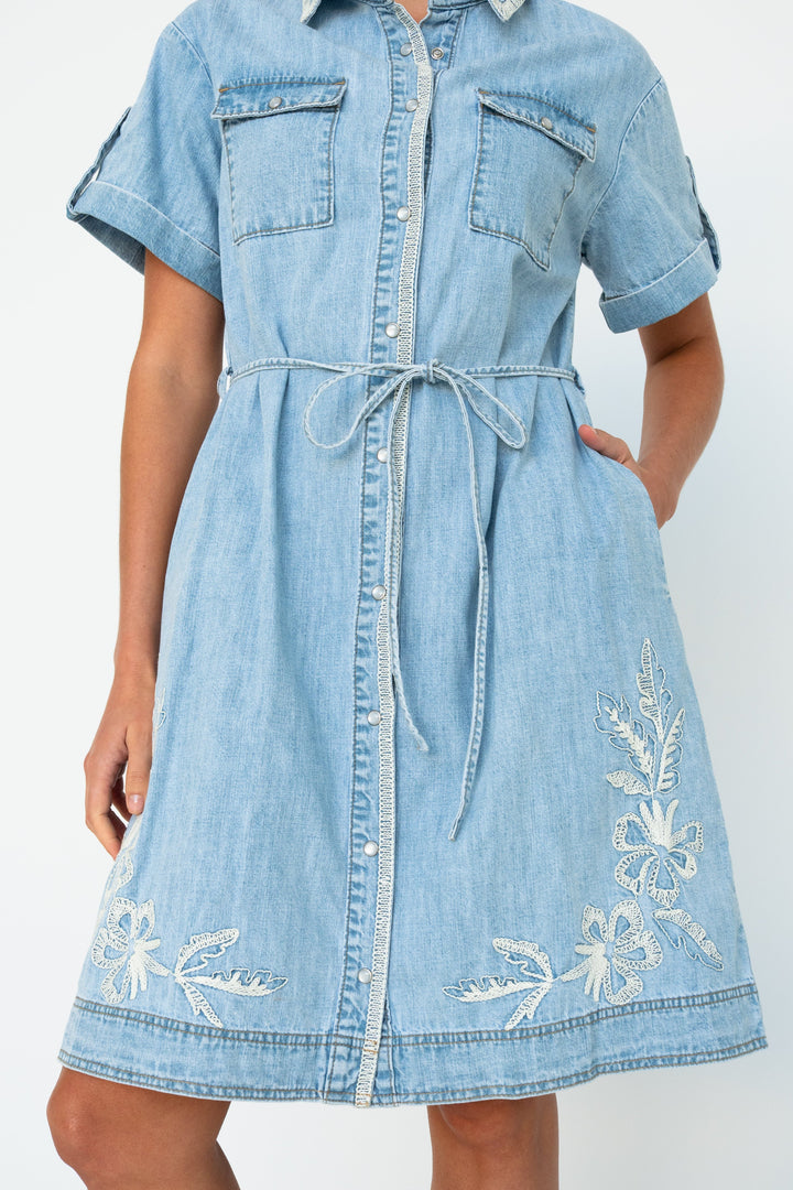 Simone Dress | Floral Embroidery - 70s Blue Kireina