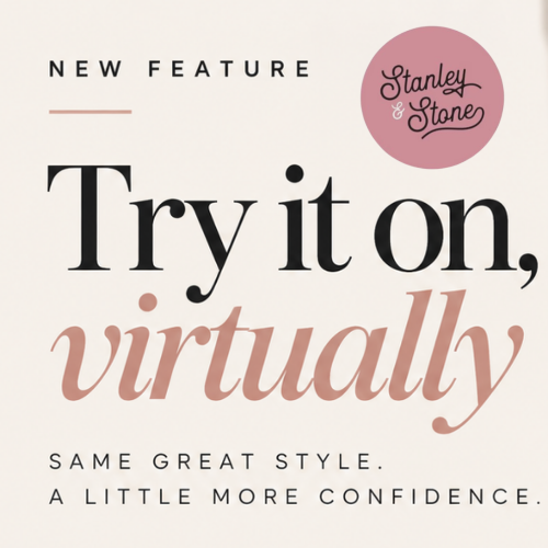 Promotional graphic for a virtual try-on feature, with the text 'Try it on, virtually' and smaller copy reading 'Same great style. A little more confidence.