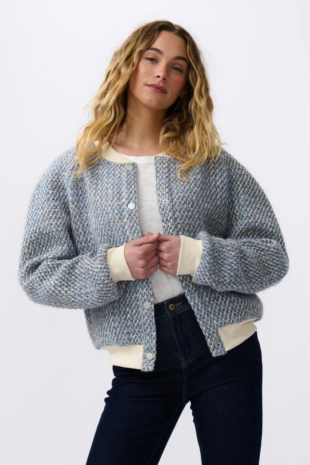 Abigail Bomber - Blue / Cream Long Sleeve Tee Kireina