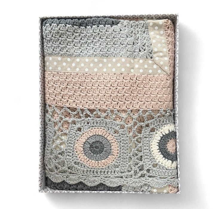 Hand Crochet Grey and Cream Blanket and the little dog laughed