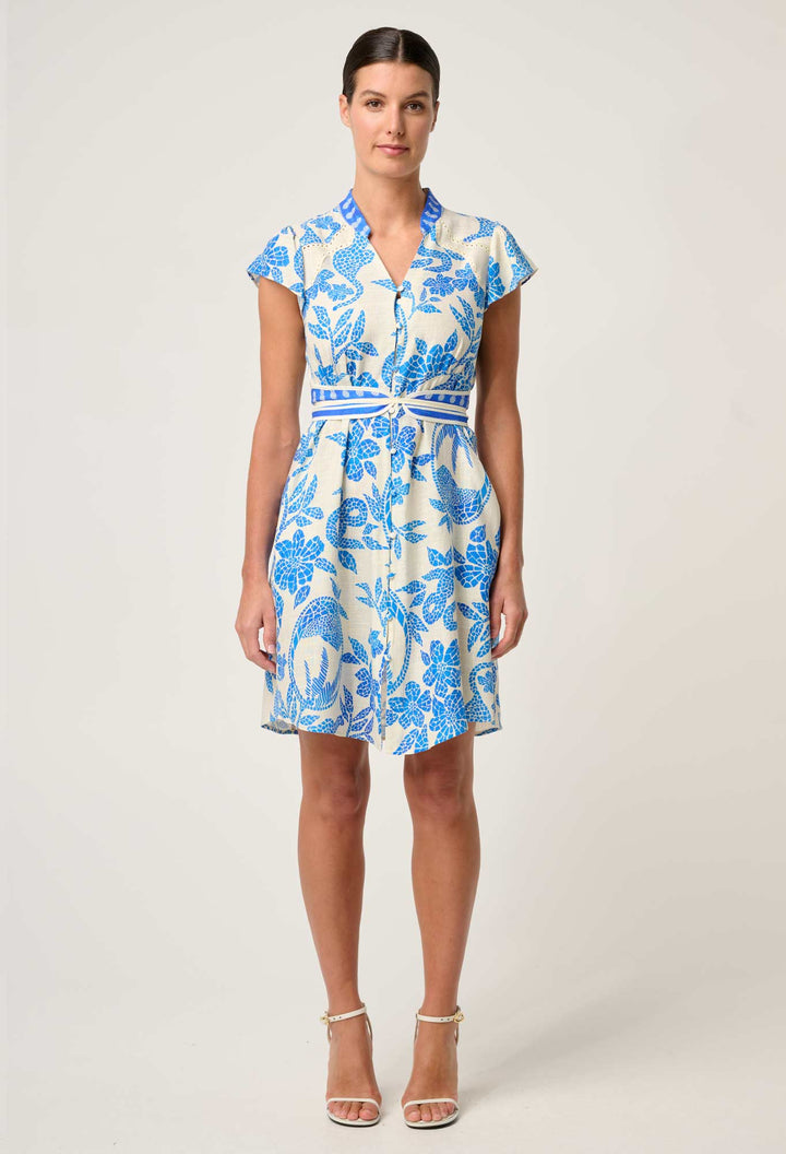 Adriana Linen Viscose Embroidered Yoke Dress in Azure Mosaic dress Once Was