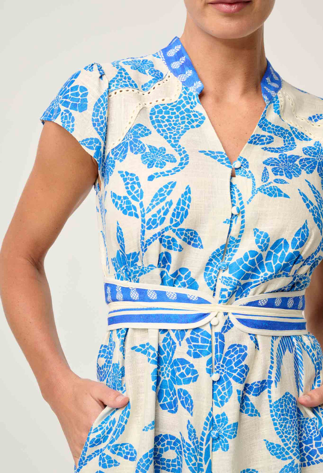 Adriana Linen Viscose Embroidered Yoke Dress in Azure Mosaic dress Once Was