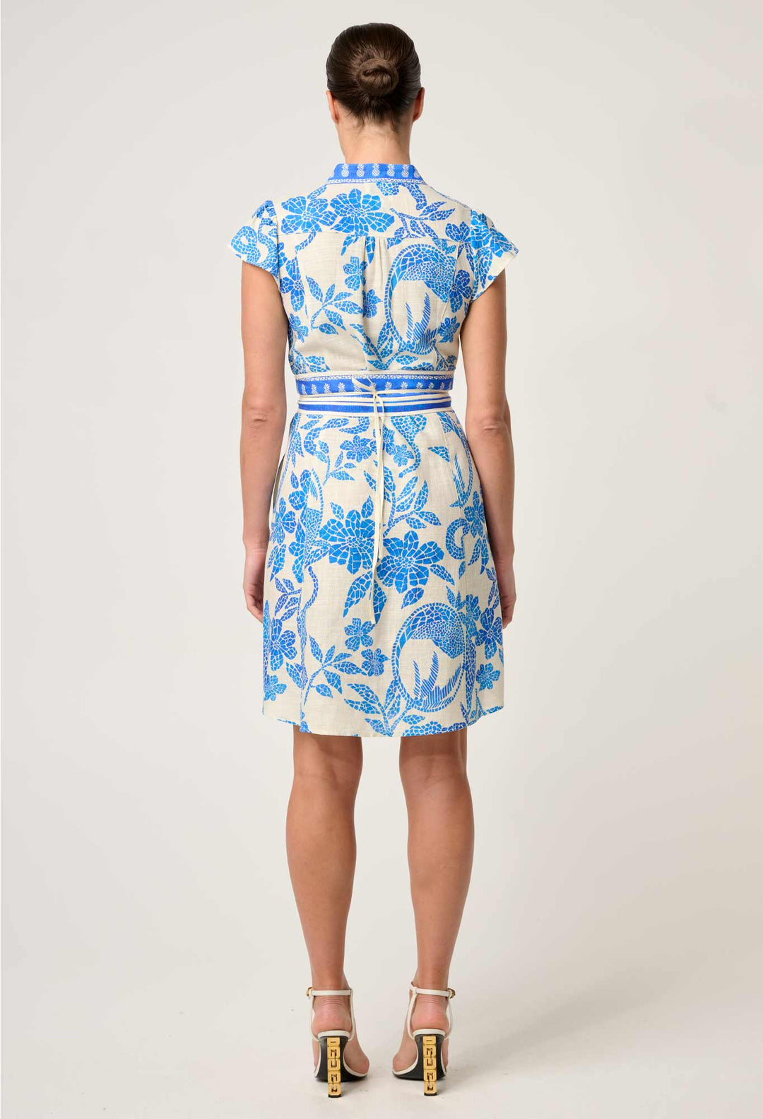 Adriana Linen Viscose Embroidered Yoke Dress in Azure Mosaic dress Once Was