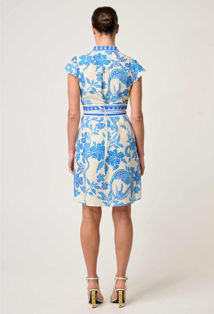 Adriana Linen Viscose Embroidered Yoke Dress in Azure Mosaic dress Once Was