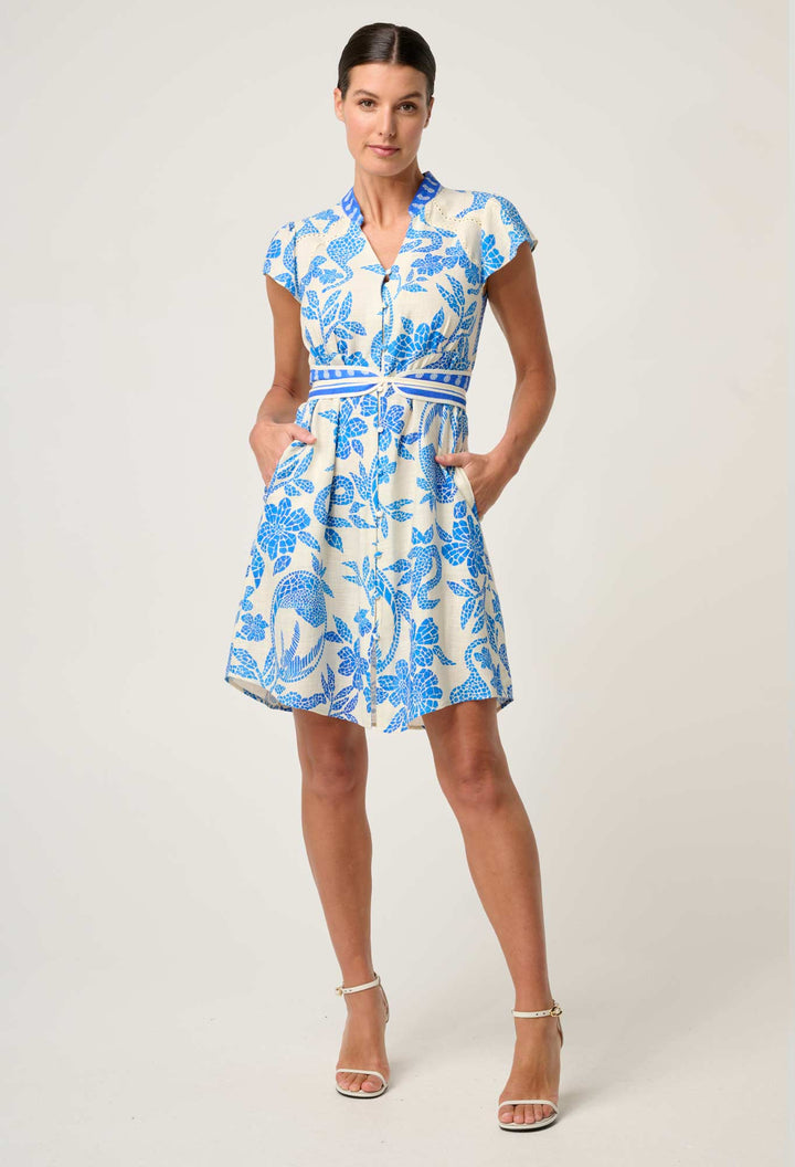Adriana Linen Viscose Embroidered Yoke Dress in Azure Mosaic dress Once Was