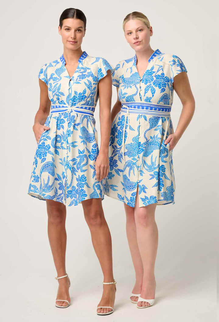 Adriana Linen Viscose Embroidered Yoke Dress in Azure Mosaic dress Once Was