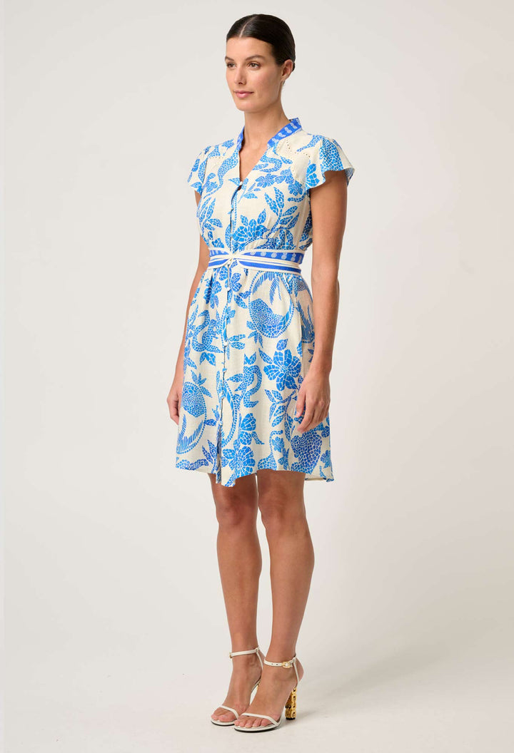 Adriana Linen Viscose Embroidered Yoke Dress in Azure Mosaic dress Once Was