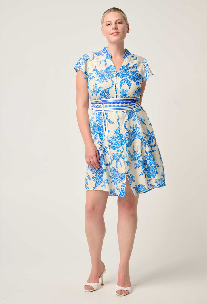 Adriana Linen Viscose Embroidered Yoke Dress in Azure Mosaic dress Once Was