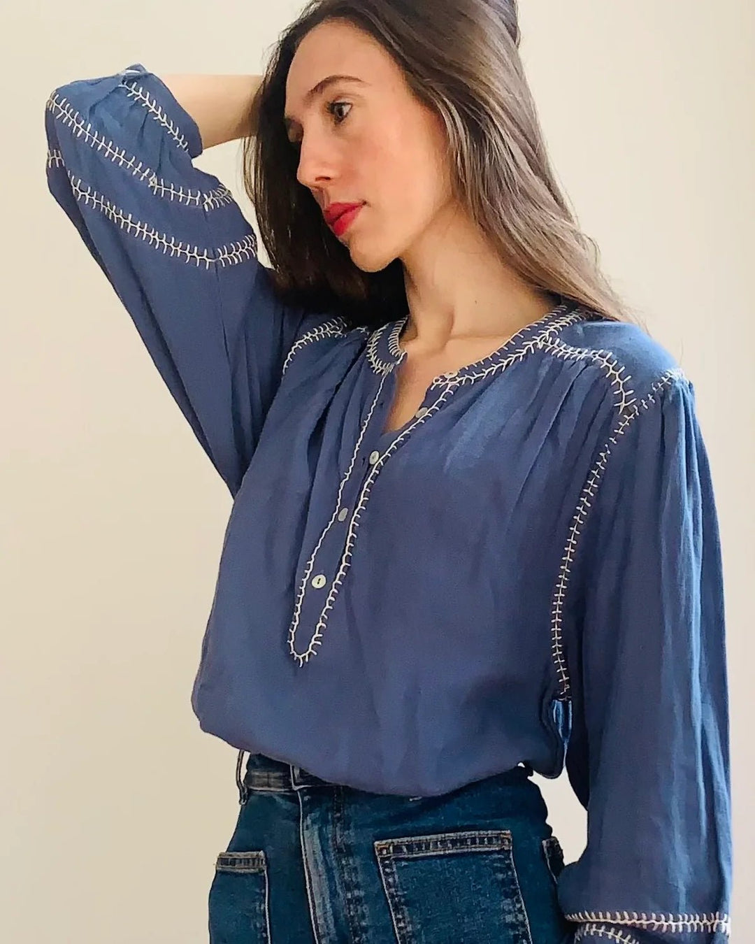 Amelie Feather Stitch Blouse - Blue Blouse Marie Louise De Monteray
