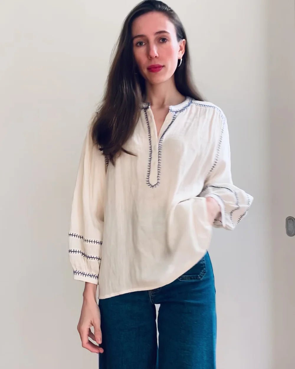 Amelie Feather Stitch Blouse - Ecru Blouse Marie Louise De Monteray
