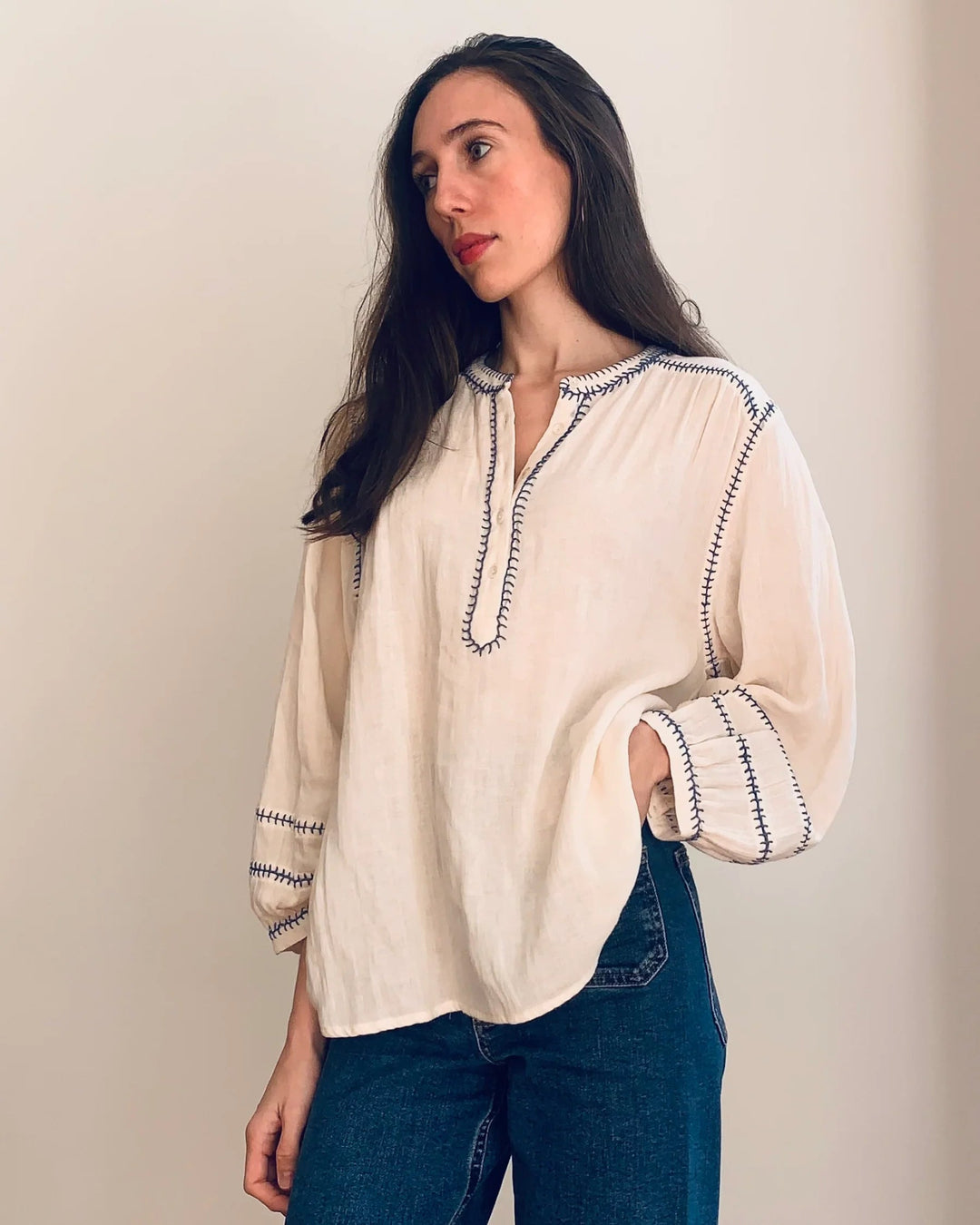Amelie Feather Stitch Blouse - Ecru Blouse Marie Louise De Monteray