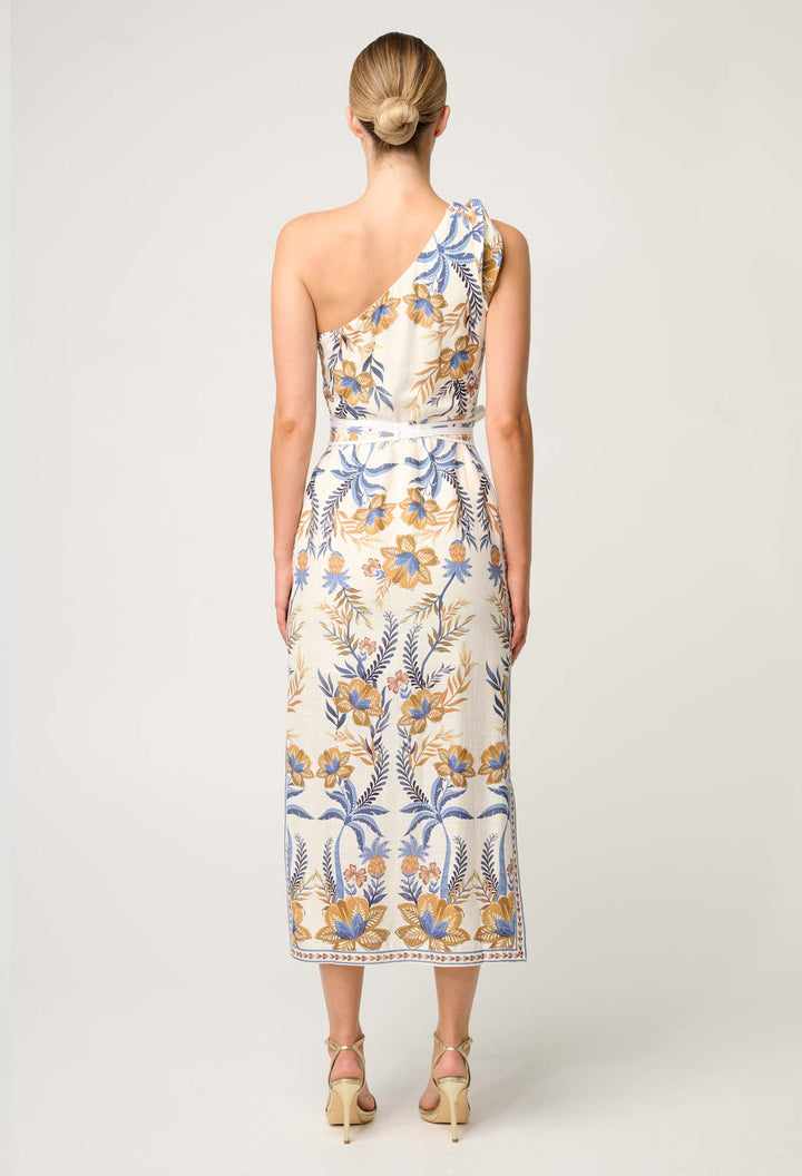 Amira One Shoulder Tie Linen Viscose Dress in Golden Medina - Stanleyandstone