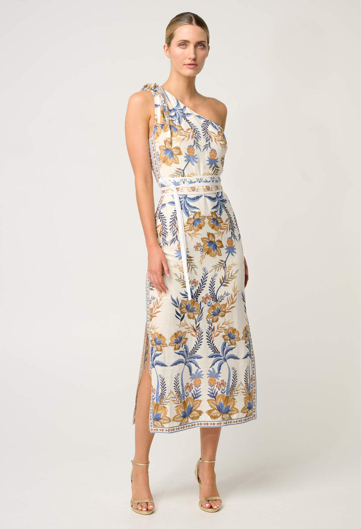 Amira One Shoulder Tie Linen Viscose Dress in Golden Medina - Stanleyandstone