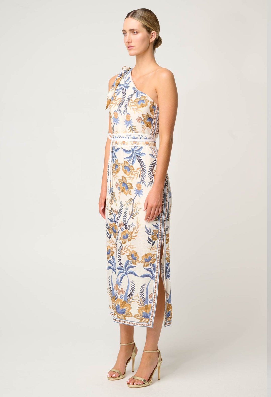 Amira One Shoulder Tie Linen Viscose Dress in Golden Medina - Stanleyandstone