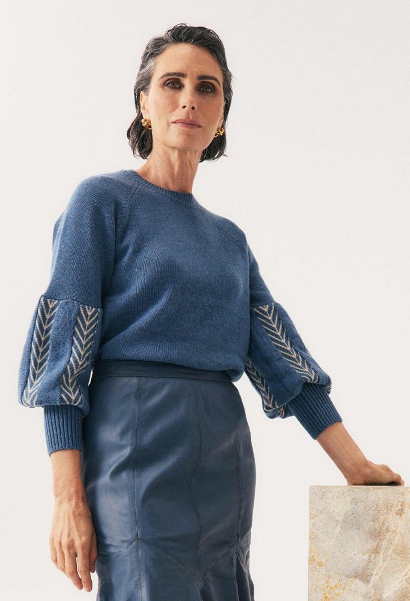 Arden Merino Wool Blend Jacquard Knit Top - Cerulean Cord Knit Once Was