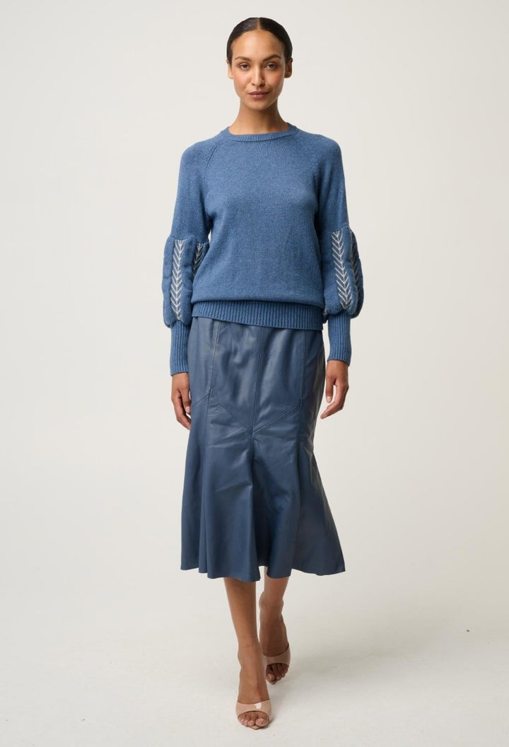 Arden Merino Wool Blend Jacquard Knit Top - Cerulean Cord Knit Once Was