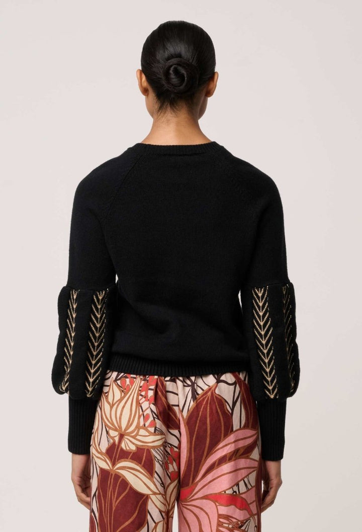 Arden Merino Wool Blend Jacquard Knit Top in Black Braid knit Once Was
