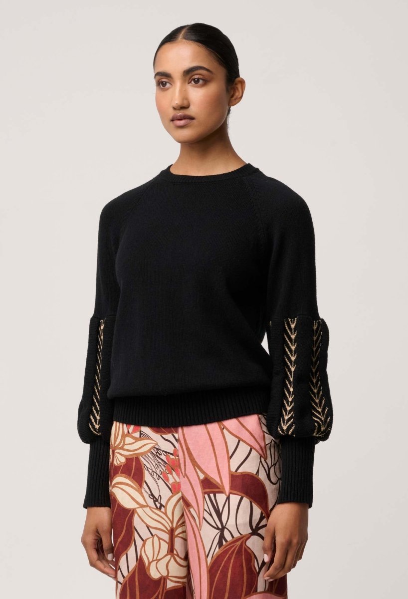 Arden Merino Wool Blend Jacquard Knit Top in Black Braid knit Once Was