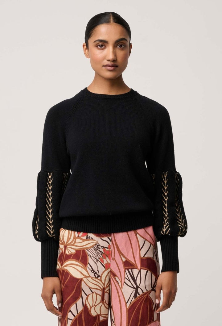 Arden Merino Wool Blend Jacquard Knit Top in Black Braid knit Once Was