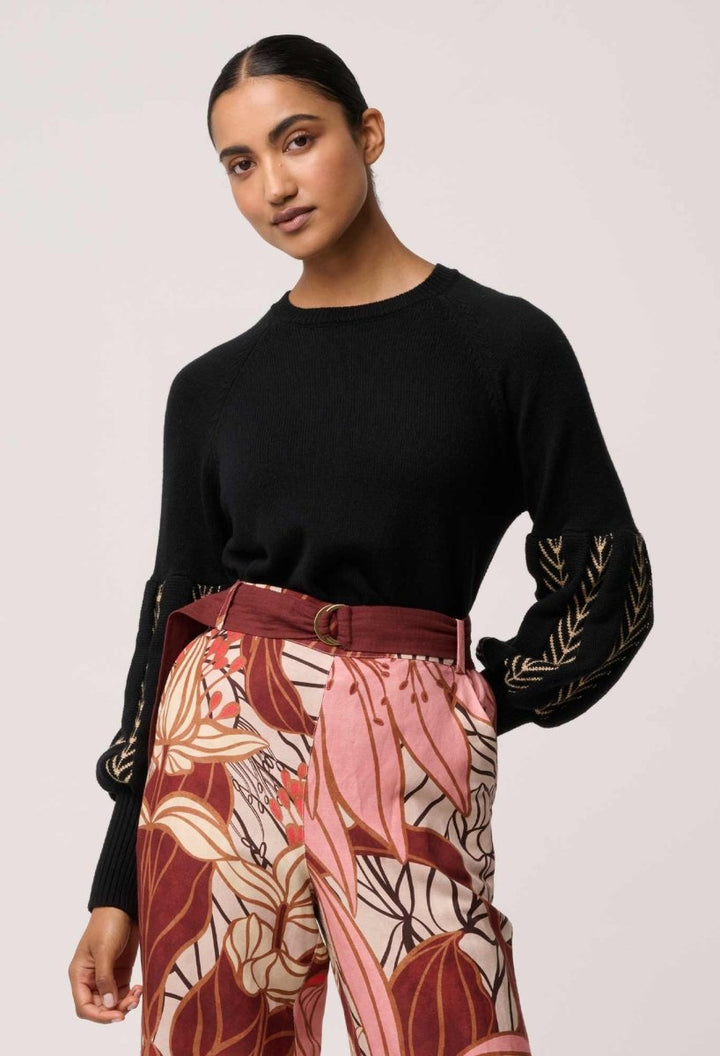 Arden Merino Wool Blend Jacquard Knit Top in Black Braid knit Once Was