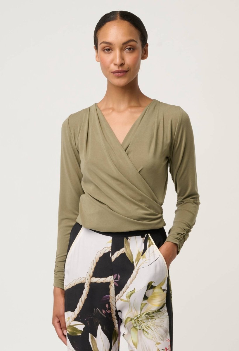 Aster Lyocell Stretch Wrap Top in Dusty Olive Blouse OnceWas