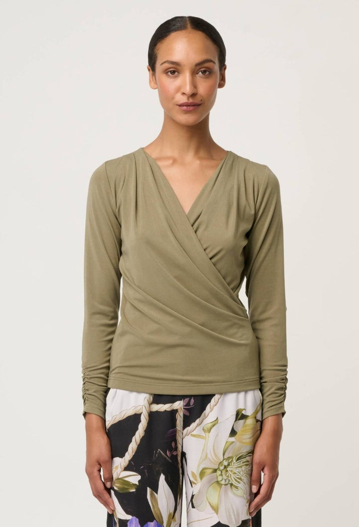 Aster Lyocell Stretch Wrap Top in Dusty Olive Blouse OnceWas