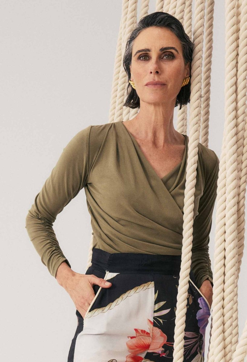 Aster Lyocell Stretch Wrap Top in Dusty Olive Blouse OnceWas