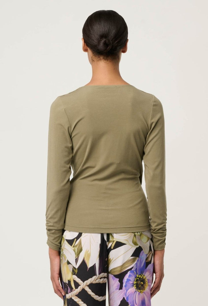 Aster Lyocell Stretch Wrap Top in Dusty Olive Blouse OnceWas