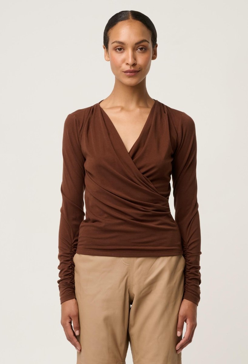 Aster Lyocell Stretch Wrap Top in Mocha POL