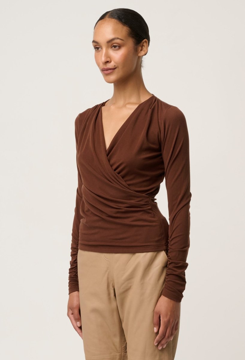 Aster Lyocell Stretch Wrap Top in Mocha POL