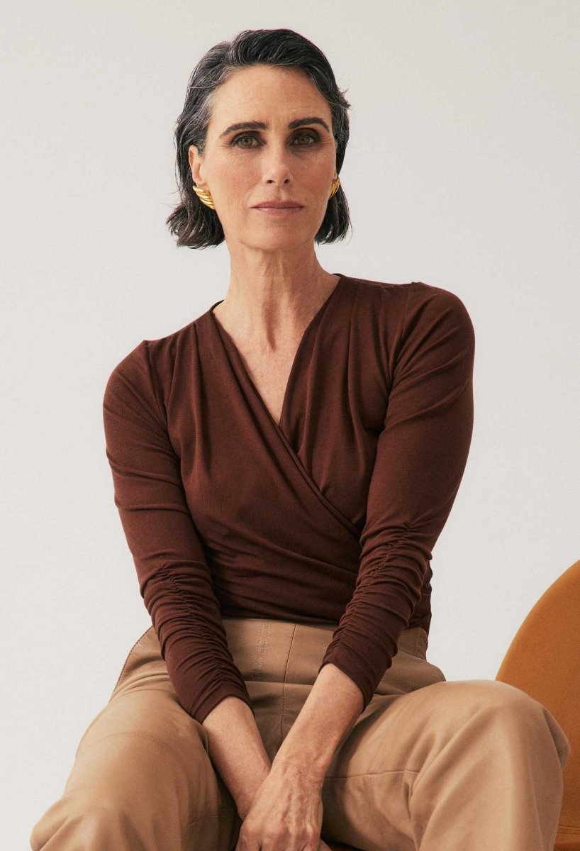 Aster Lyocell Stretch Wrap Top in Mocha POL