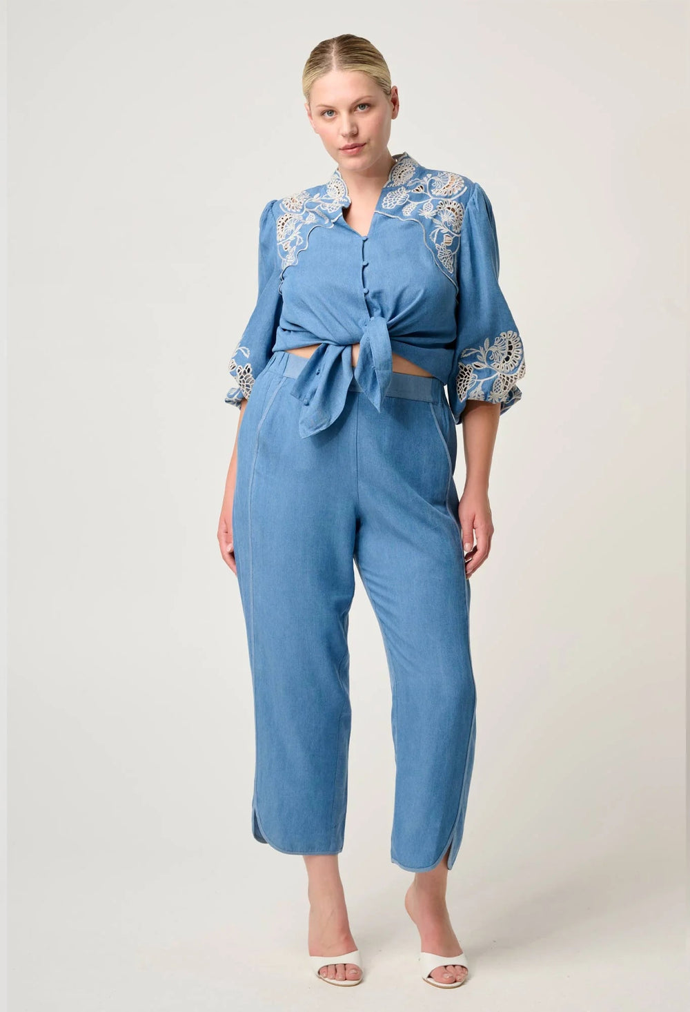 Astra Embroidered Tencel 3/4 Sleeve Blouse in Blue Ash Blouse Once Was