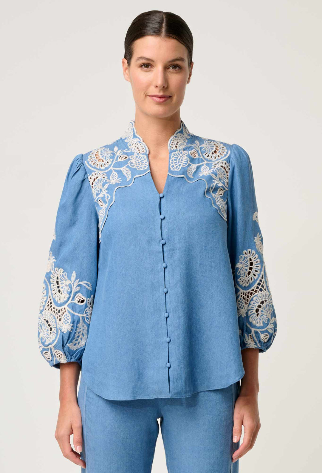 Astra Embroidered Tencel 3/4 Sleeve Blouse in Blue Ash Blouse Once Was