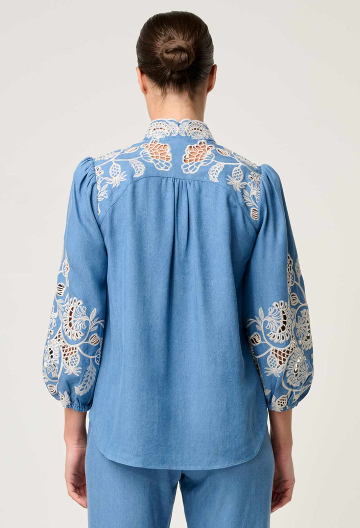 Astra Embroidered Tencel 3/4 Sleeve Blouse in Blue Ash Blouse Once Was