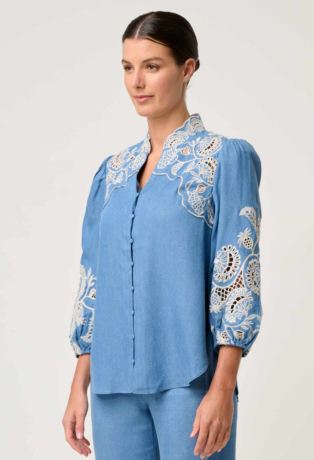 Astra Embroidered Tencel 3/4 Sleeve Blouse in Blue Ash Blouse Once Was