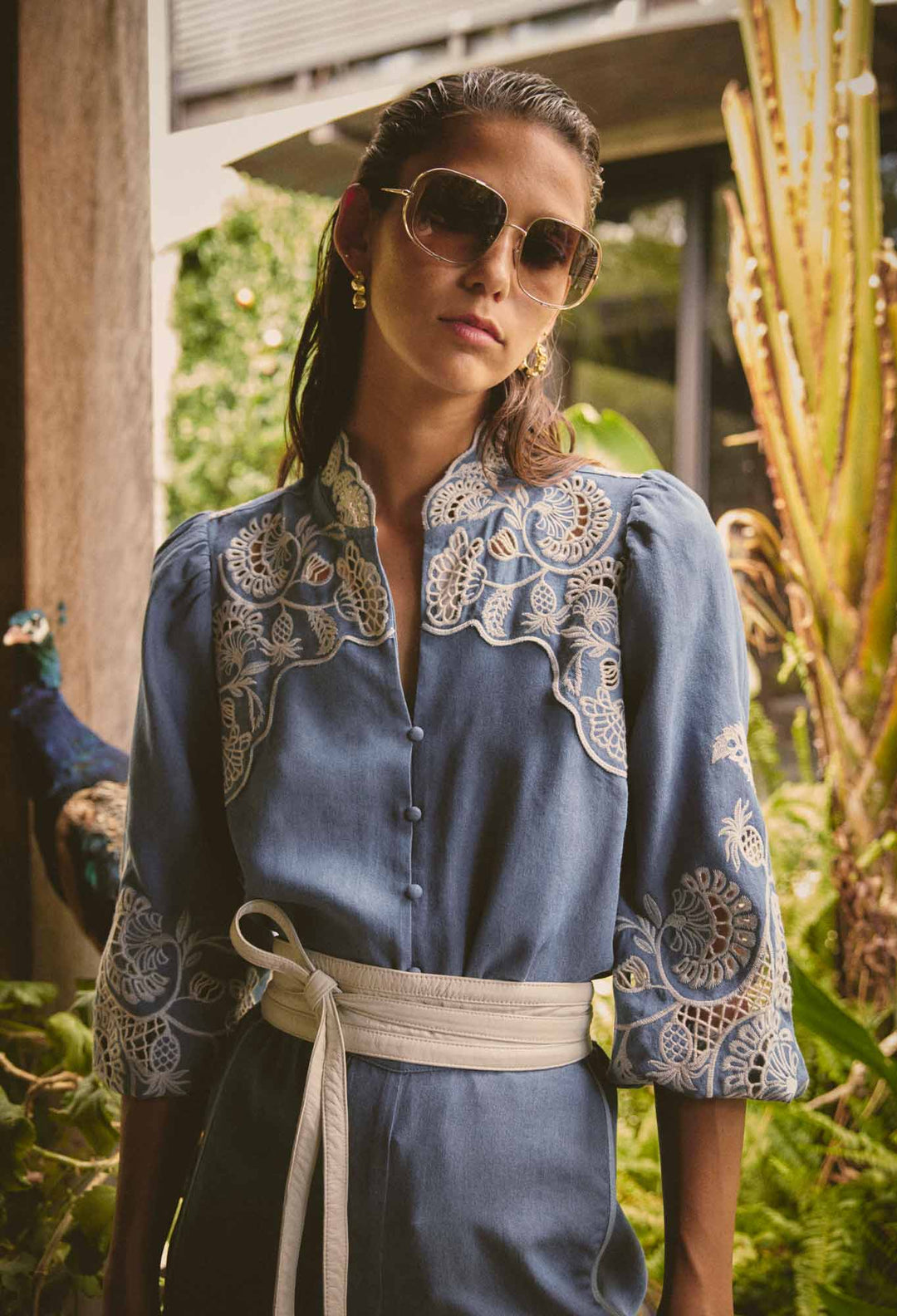 Astra Embroidered Tencel 3/4 Sleeve Blouse in Blue Ash Blouse Once Was
