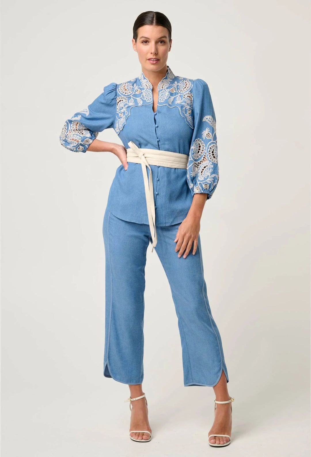 Astra Embroidered Tencel 3/4 Sleeve Blouse in Blue Ash Blouse Once Was
