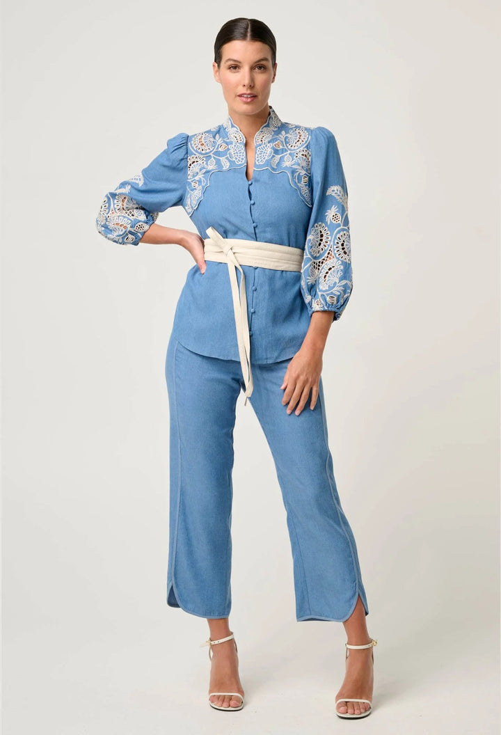 Astra Embroidered Tencel 3/4 Sleeve Blouse in Blue Ash Blouse Once Was