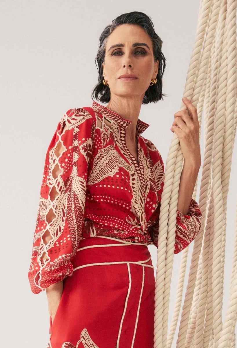 Audrey Embroidered Viscose Faille Blouse in Crimson Palms Once Was
