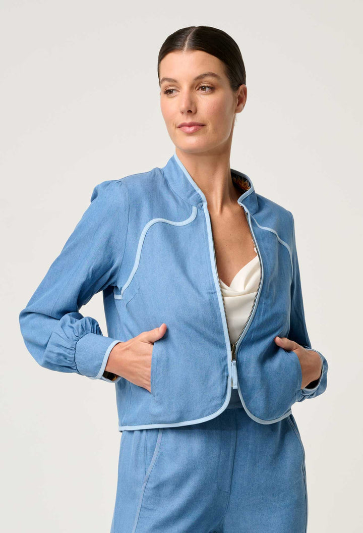 Aurora Reversible Viscose & Tencel Fringe Jacket in Petinos Floros / Blue Ash Jacket Once Was