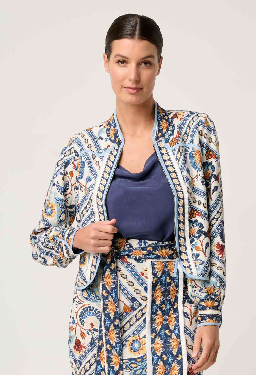 Aurora Reversible Viscose & Tencel Fringe Jacket in Petinos Floros / Blue Ash Jacket Once Was