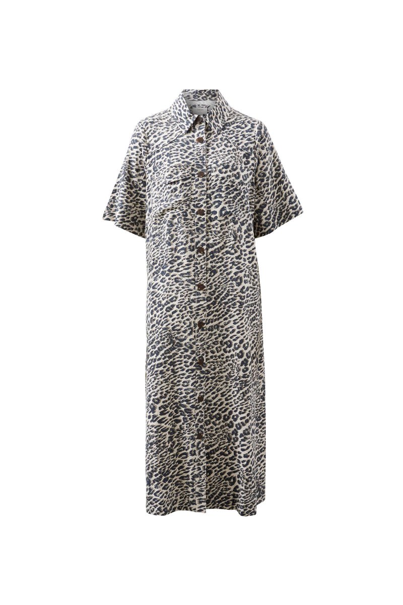 AVA SHORT SLEEVE MIDI DRESS/LEOPARD LINEN BLEND - Stanleyandstone