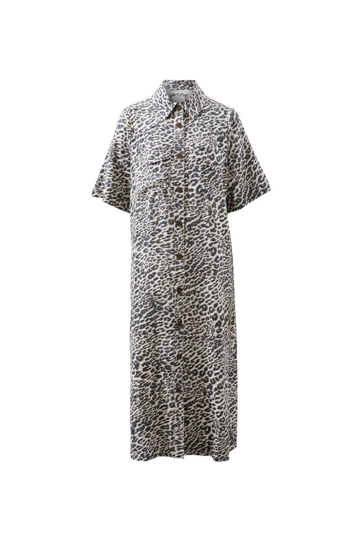 AVA SHORT SLEEVE MIDI DRESS/LEOPARD LINEN BLEND - Stanleyandstone