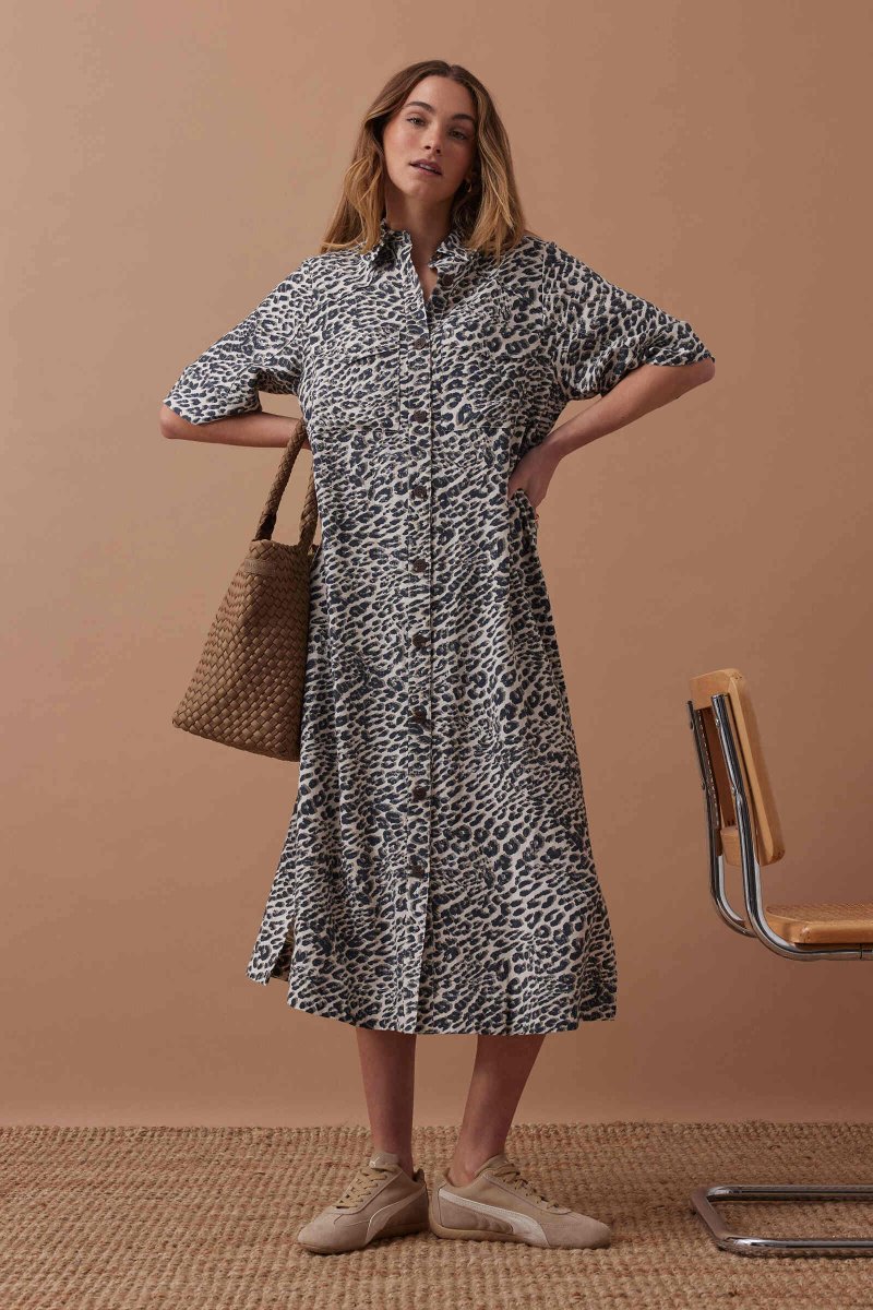 AVA SHORT SLEEVE MIDI DRESS/LEOPARD LINEN BLEND - Stanleyandstone