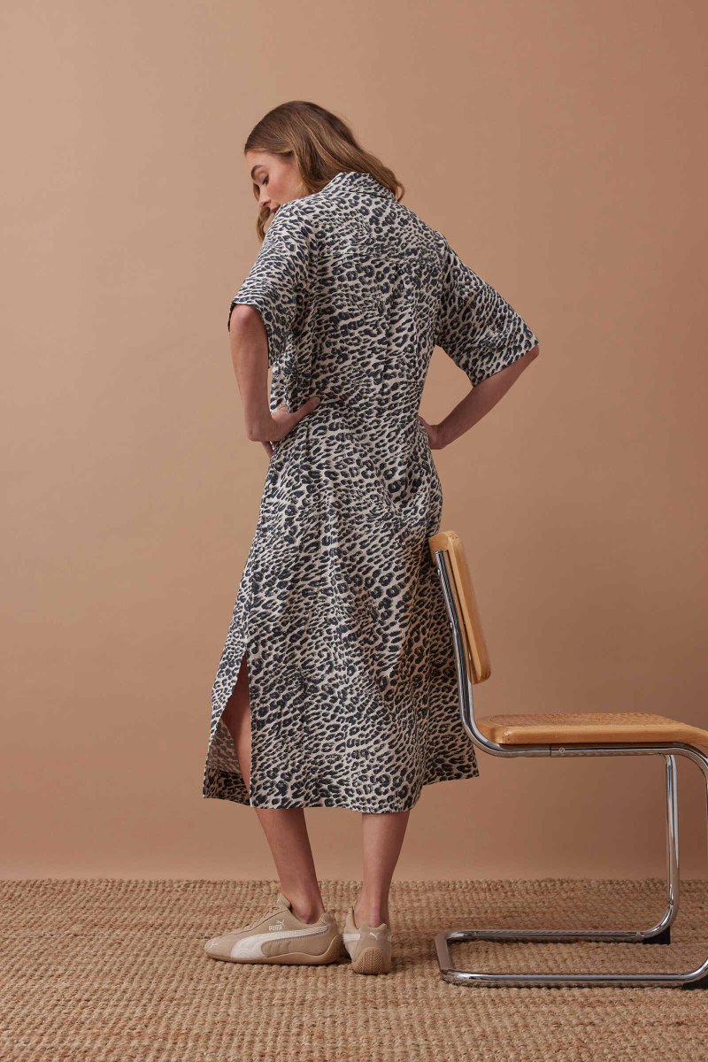 AVA SHORT SLEEVE MIDI DRESS/LEOPARD LINEN BLEND - Stanleyandstone