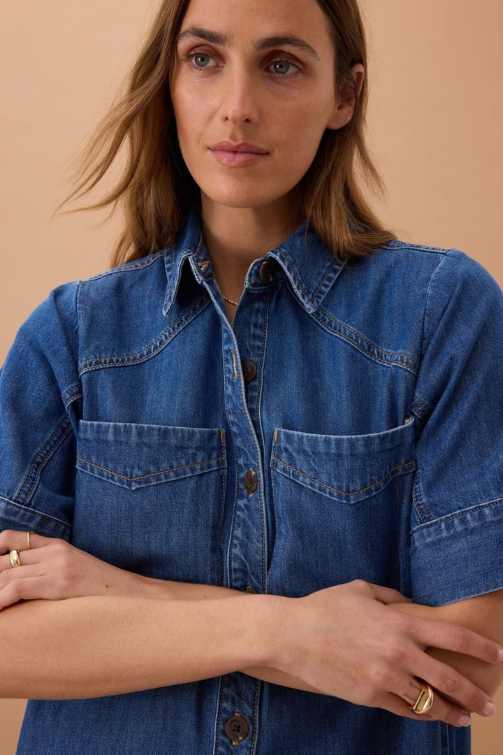 Ava Short Sleeve Yoke Detail Midi Denim Dress - Stanleyandstone