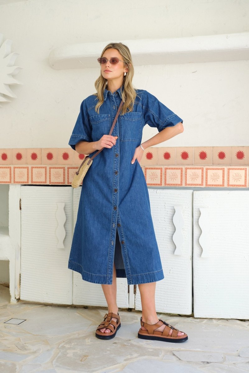 Ava Short Sleeve Yoke Detail Midi Denim Dress - Stanleyandstone